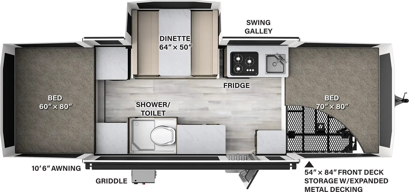 The 232ESP has one slide out and one entry. Exterior features a 10 foot 6 inch awning, front deck storage with expanded metal decking, and a griddle. Interior layout front to back: tent bed; off-door side swing galley with cooktop, sink and refrigerator, dinette slideout and countertop; door side countertop, entry door, additional countertop space, and shower/toilet; rear tent bed.